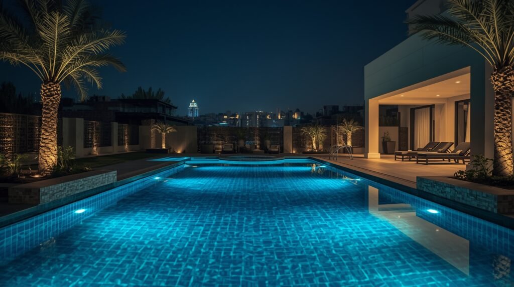Lucid Origin Ultra realistic luxury swimming pool at night in 2